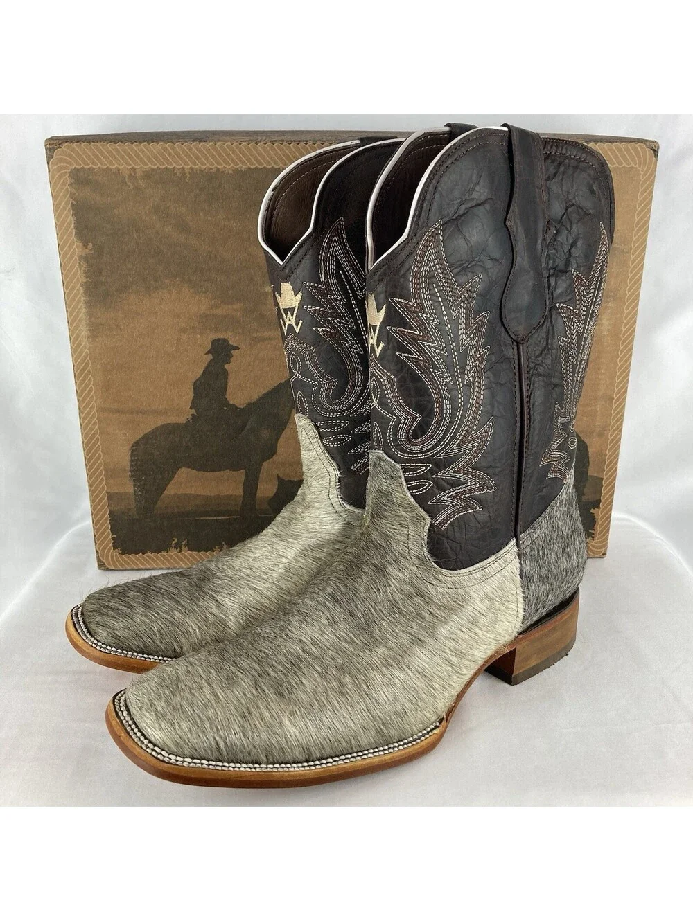 NEW Mens 12 White Wing Hair on Hide Western Boots Wide Square Toe Gray Hair Calf